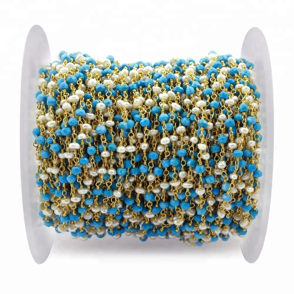 One Feet Turquoise With Pearl Gold Plated Wire Wrapped Link Rosary Beads Chain For Jewelry Making Supply