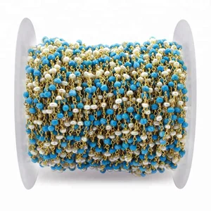 One Feet Turquoise With Pearl Gold Plated Wire Wrapped Link Rosary Beads Chain For Jewelry Making Supply