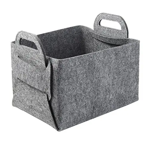 One Piece Foldable Felt Handle Storage Basket, Organizer, Storage Bin Nursery Basket for Home Office, Size 14" and Size 9" (Light Gray-L)