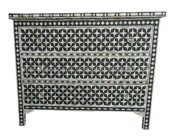 Handmade Mother Of Pearl Furniture - Three 3 Drawers Star Black - Buy