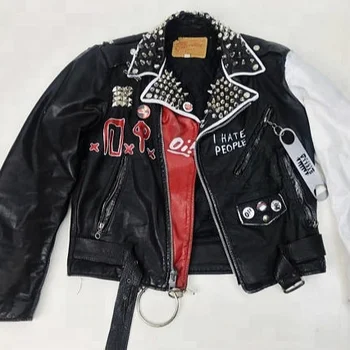 Punk Biker Belted Leather Jacket Spiked Studded Painted The Virus ...