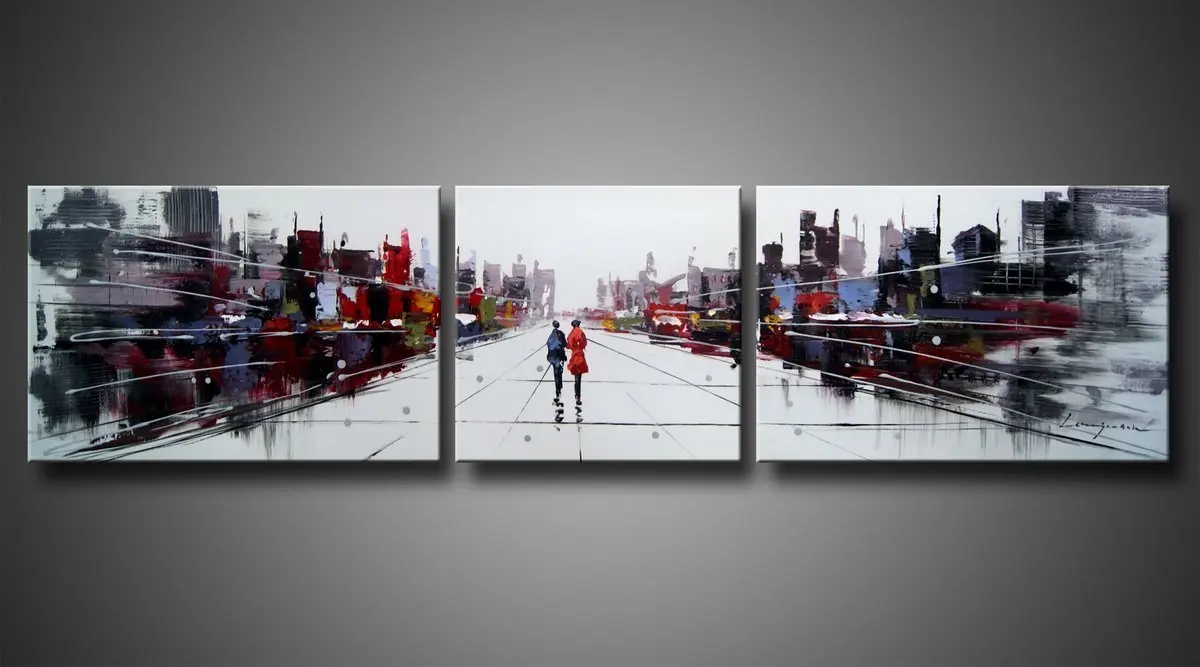 Ode-Rin Art Christmas Gift Hand Painted Mordern Oil Paintings Two People World Of Shadow Cities Splice 3-piece Wall Decoration (20x30Inchx2pcs,20x20Inchx1pcs)
