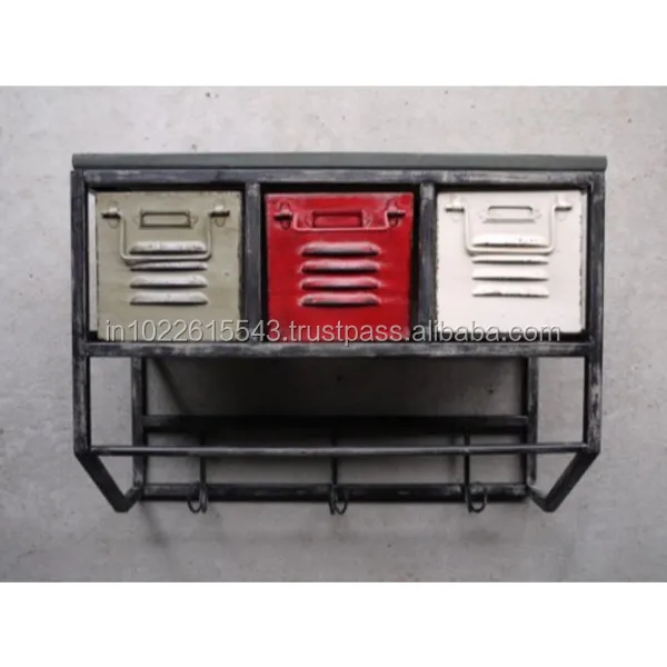 Industrial Wall Mount Coat Rack With 3 Drawers Vintage Metal Wall