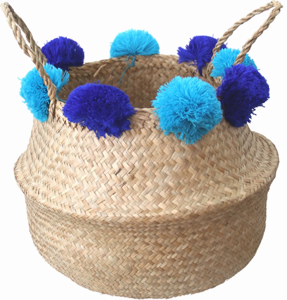 Pom Pom Seagrass Basket With Handles Natural Storage ...
