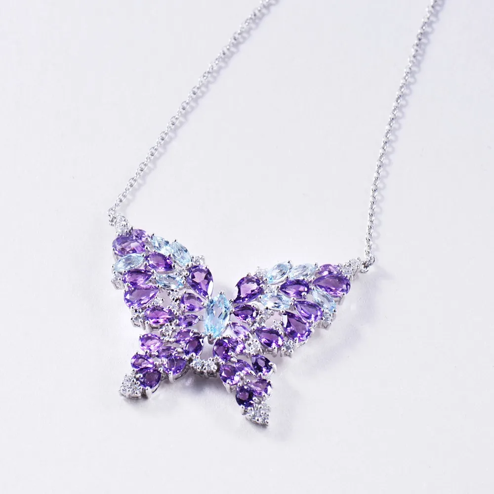 华丽优雅的蝴蝶银项链配紫水晶和天蓝色托帕石宝石