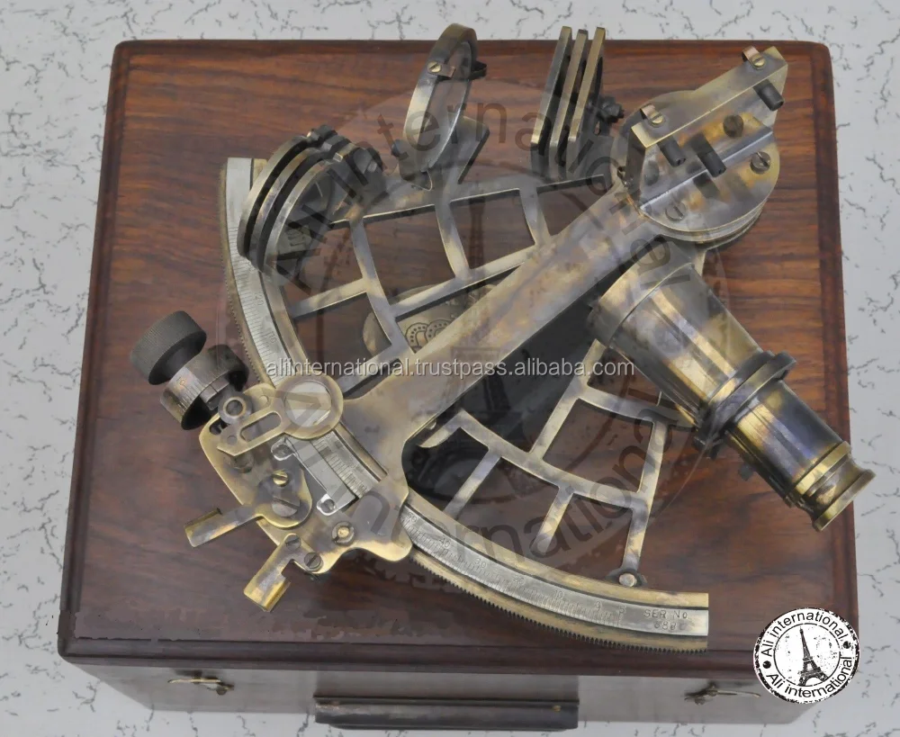 Nautical Reproduction Micrometer Drum Readout Brass Sextant With Box