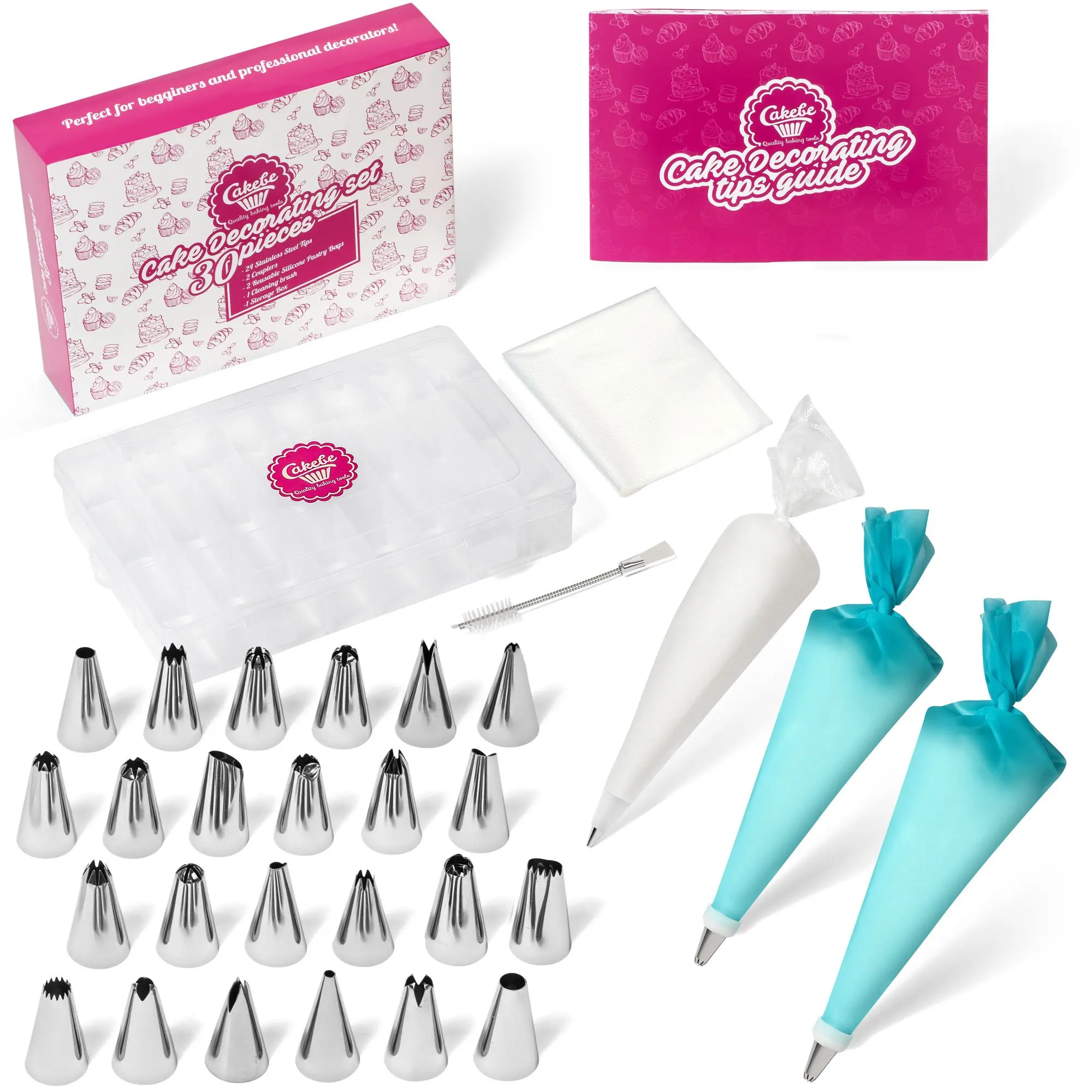 Kit with Piping Bags and Tips, 24 Icing Tips, 10 Pastry Bags, 2 Silicone Ic...