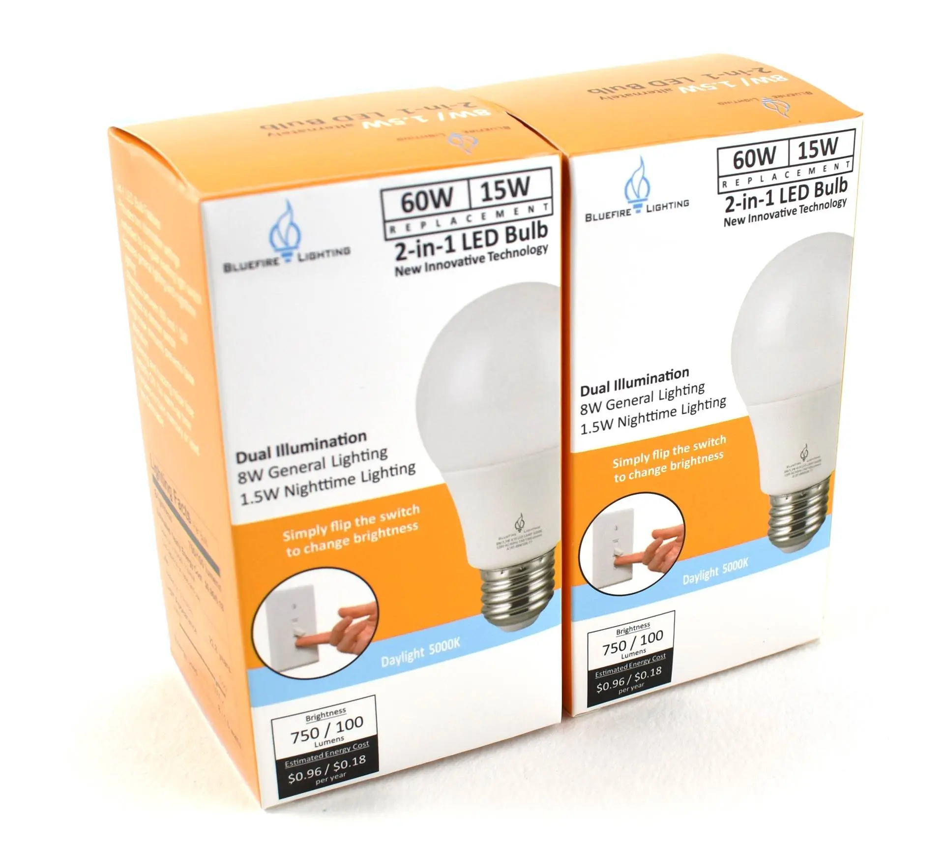 Bluefire Lighting - 2-Way LED Light Bulb Switchable Lighting , 60 Watt Equivalent (15W) / 8 Watt Equivalent (1.5W) Night Light, A19 - Natural Daylight 5000K - 2 Pack