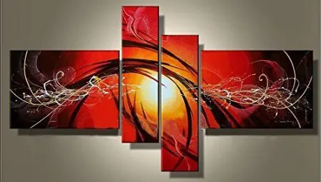 Ode-Rin Art Christmas Gift Hand Painted Abstract Oil Paintings Fiery-red Ribbons 4 Panels Wood Framed Inside For Living Room Art Work Home Decoration