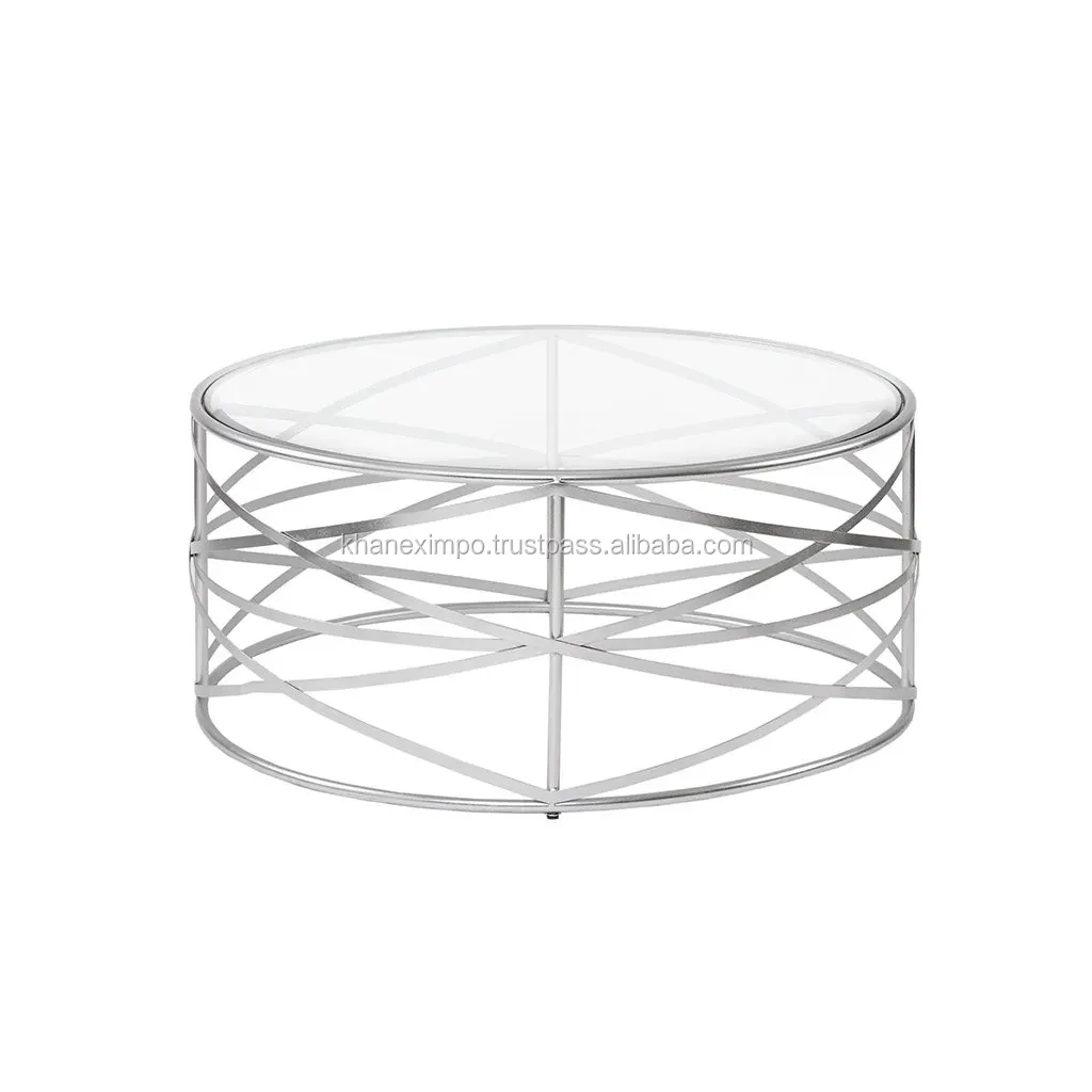 Solid Wire Mesh Round Coffee Table With Metallic Silver Metal Frame And Glass Top Buy Solid Wire Mesh Round Coffee Table With Metallic Silver Metal Frame And Glass Top