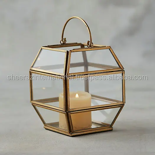 Metal Frame Cube Geometric Glass Hurricane Lamp Candle Holder Lantern