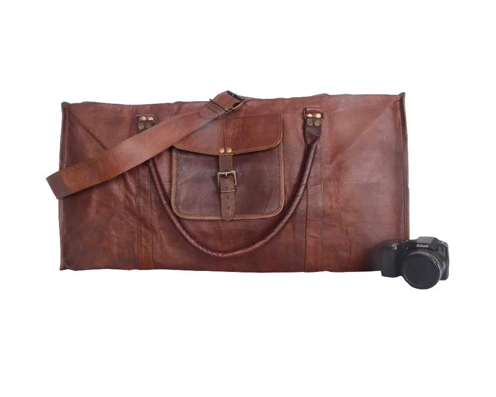 25/" Men Brown Vintage Genuine Travel Luggage Duffle Gym Bags Tote Goat Leather