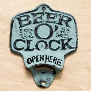 "ABC Products" - Primitive Heavy Cast Iron - Wall Mount Bottle Opener - With The Words "Beer O' Clock" - (Hand Painted Turquoise & Black - Opens Standard Bottle Caps)