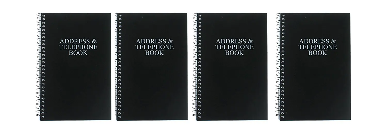 33 Books Co. Black Telephone Address Book Set of 4 Spiral Bound Vinyl Cover 8" x 5"