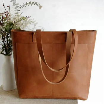 Oversized Camel Leather Tote Bag With Outside Pockets Genuine Handmade Av 0027 High Design Na Bags