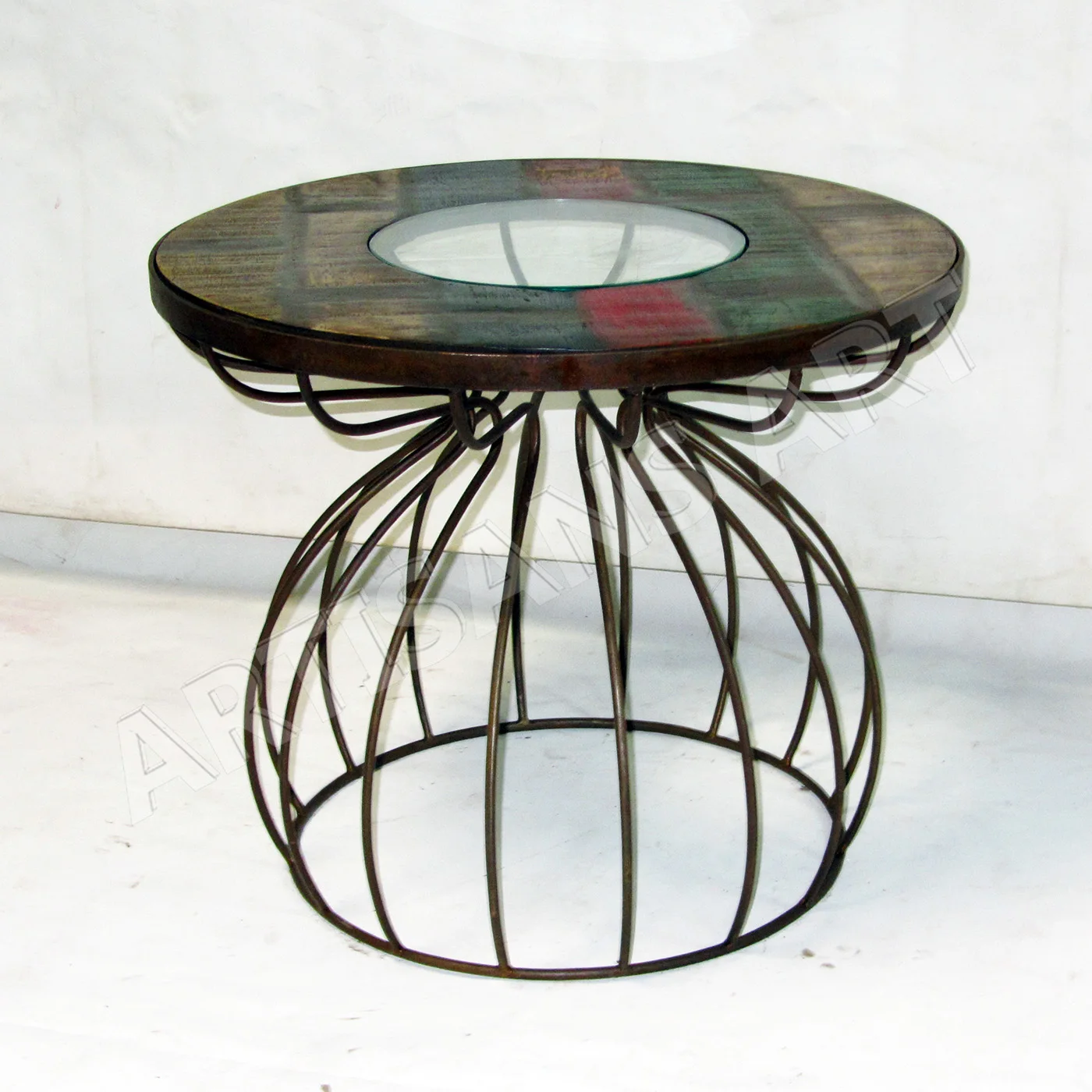 Industrial Reclaimed Wood Round Coffee Table Rustic Antique Metal Recycle Wood Center Table Tea
