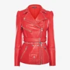 Women Red Genuine Real Leather Jacket Silver Studded Front Zipper Belted Waist