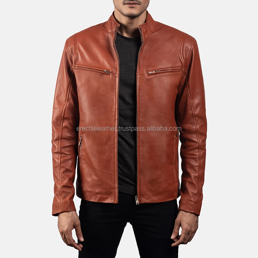 Men's Sheepskin Authentic Suede Leather Jacket Biker Tan Button Fashion Designer