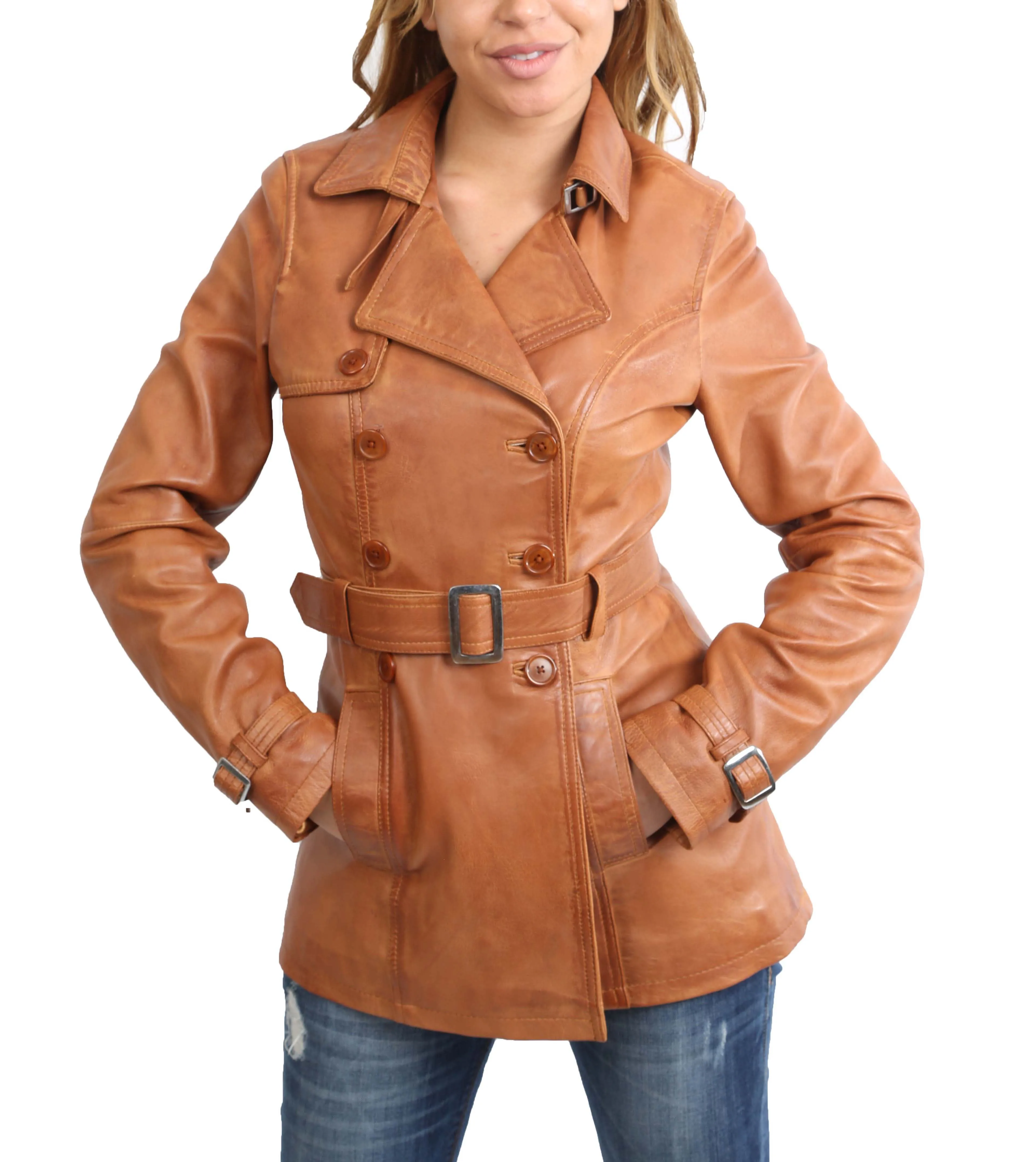 Pi902 Stylish Leather Coat For Ladies Women's Classic Short Trench