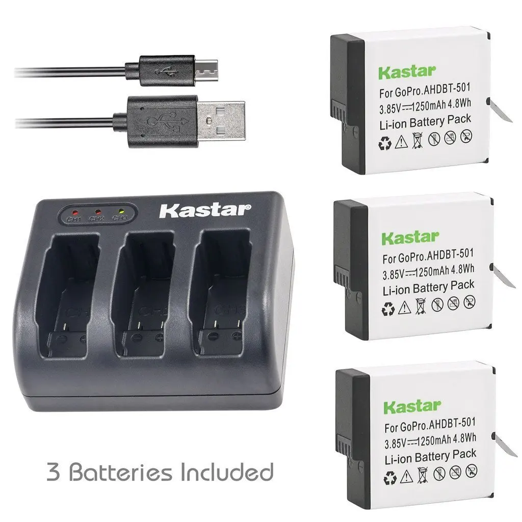 Kastar Battery (3-Pack) & USB Triple Charger for GoPro HERO6, Hero 6 Black, Gopro6, AABAT-00, 601-10197-000 and GoPro AHDBT-601, AHBBP-601 Sport Camera