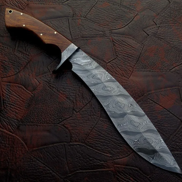 custom made damascus bowie knife with rose wood handle