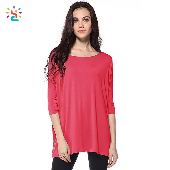 Wholesale Womens 3/4 Length Sleeve Tshirt Long Tail Boat Neck Blouse