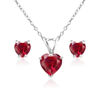 925 Sterling Silver Created Ruby Gemstone Heart Solitaire Necklace 925 Sterling Silver Created Ruby Gemstone Heart Solitaire Necklace And Stud Earrings Set