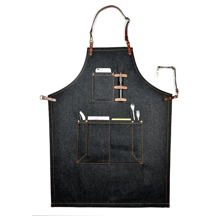 Cheap Bulk Wholesale Cotton Denim Kitchen Apron Pu Leather Adjustable