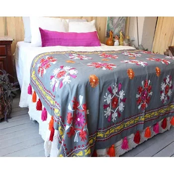 Cotton Designer Home Decor Bed Cover Bohemian Suzani Loop Stitch
