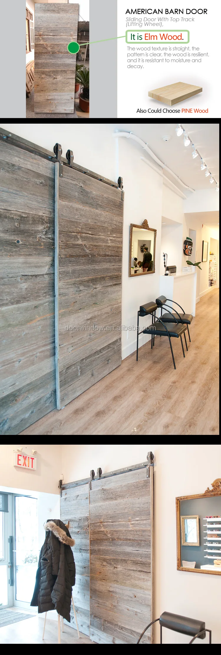 Old knotty alder pine larch wooden door slats designs by-passing sliding barn door with heavy track
