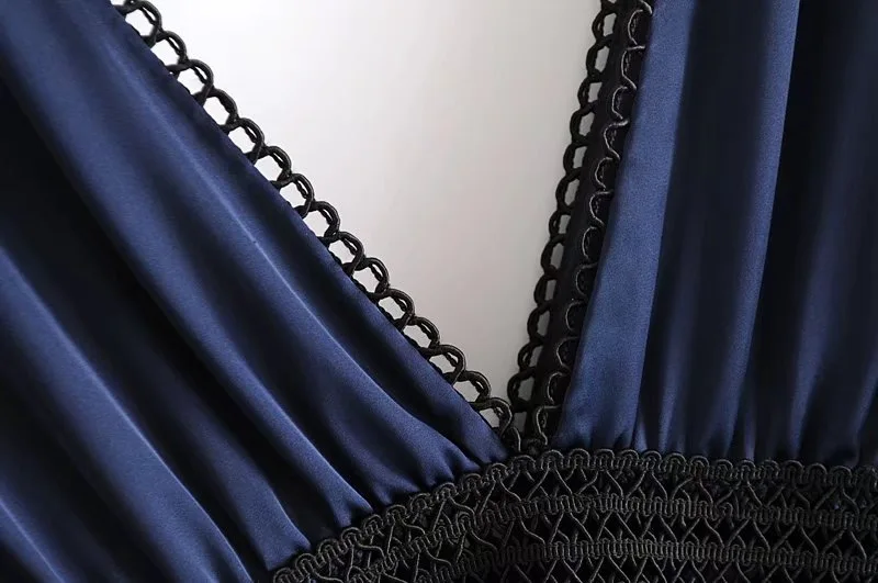  OEM ODM Clothing Woman Sexy See Through Navy Long Sleeve Deep V Neck BOHO Beach Dress