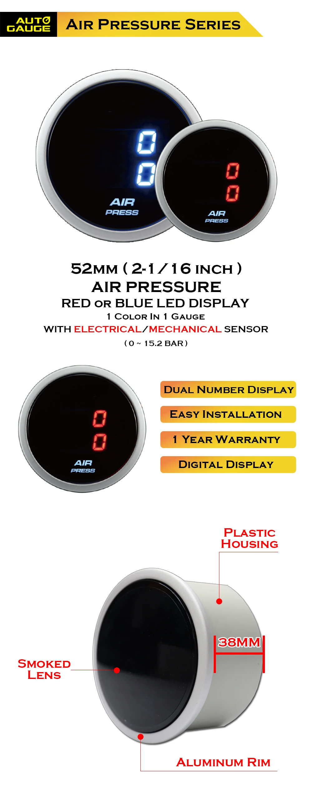 Indicador De Suspensión Neumática Para Coche,De 52mm Indicador Led Rojo