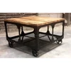 WOODEN IRON COFFEE TABLE, VINTAGE INDUSTRIAL MODERN COFFEE TABLE ON WHEELS, LIVING ROOM FURNITURE