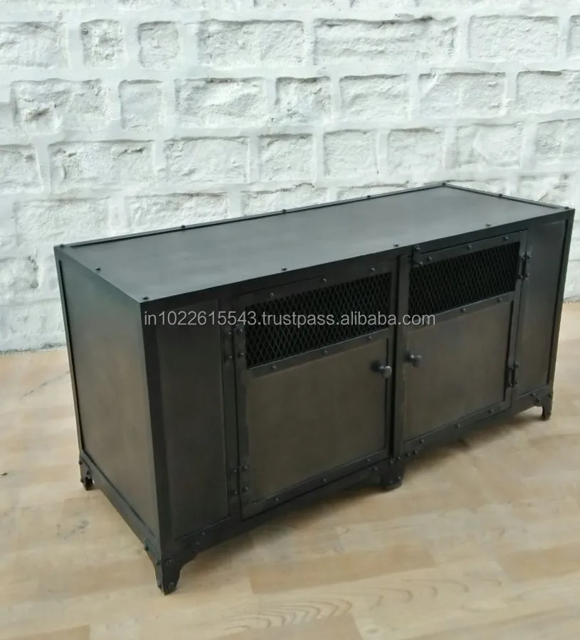 Industrial Metal Tv Unit With Storage Cabins Rustic Iron Tv Unit