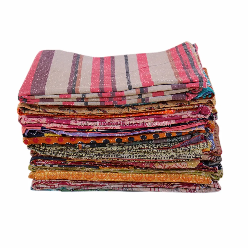 Vintage Kantha Stitch Blanket Bedding Reversible Patchwork Quilt Bedspread Throw