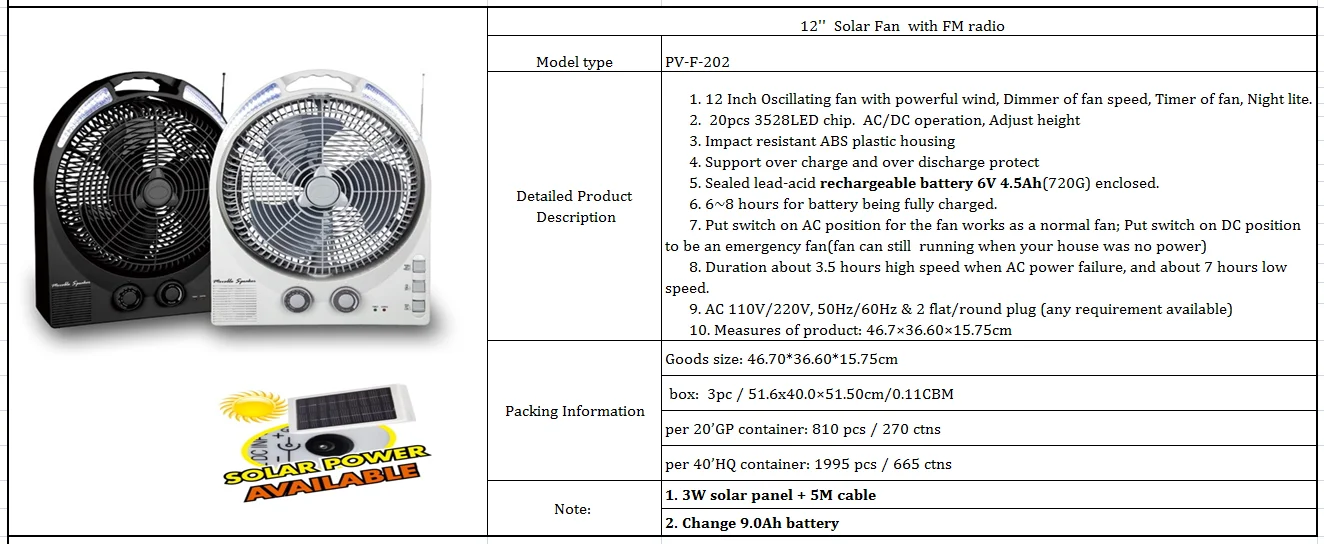 Factory 16" AC DC 12V solar emergency rechargeable fans with light