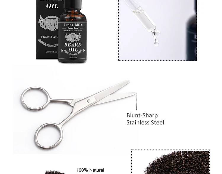 Isner Mile or Customize Private label 6 items organic beard grooming kit with beard comb and brush for beard shaper men