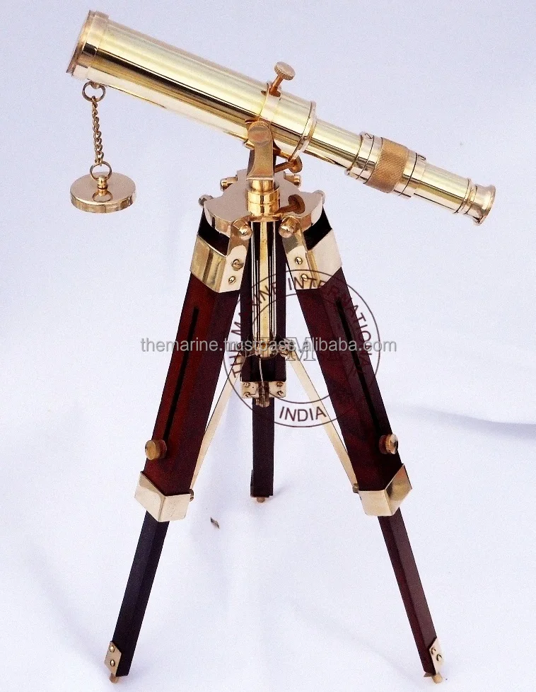 Antique Brass Binocular Telescope With Wooden Tripod Stand Collectible Gift Item