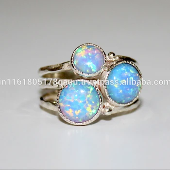 3 Opal Stacking Ring Set Sterling Silver Blue Opal Stacking Ring