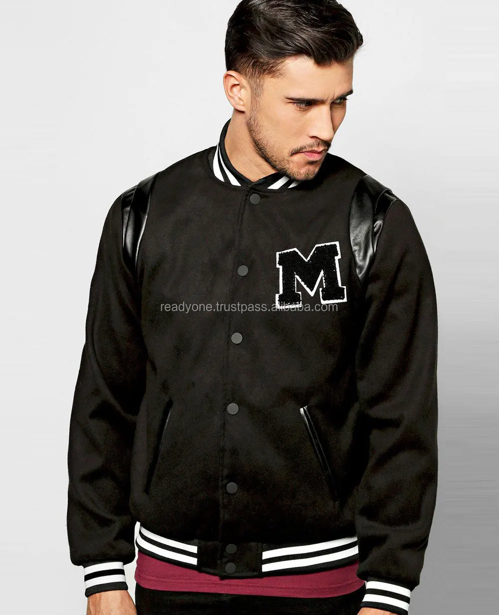 Rc Mens Black Wool Varsity Jacket With Lambs Leather Sleeves Real - Buy ...