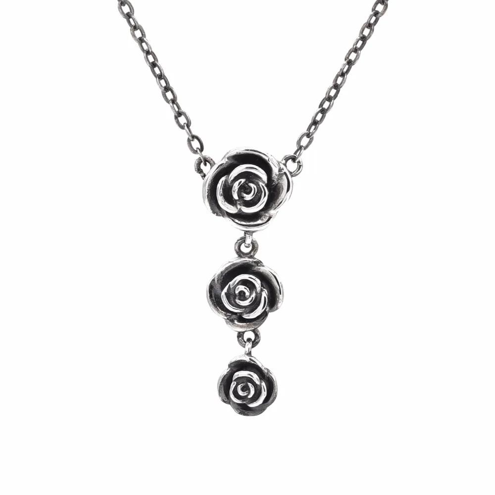 Oxidation Jewellery 925 Sterling Silver Jewelry Black Rose Flower Necklace Vintage Necklace 8982