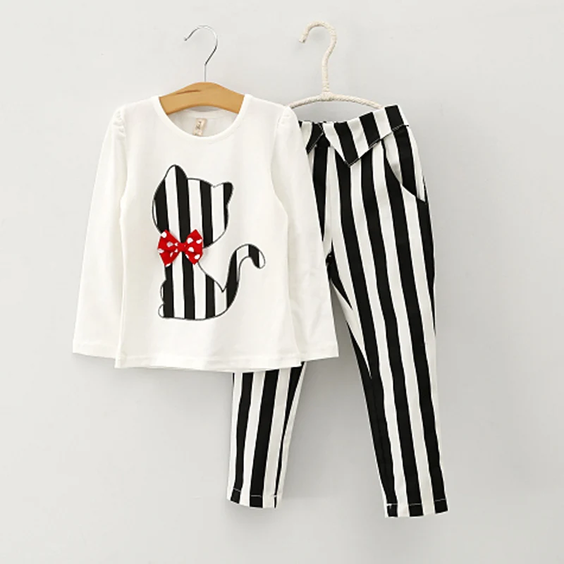 2Pcs Kids Baby Girls Clothing Long Sleeve Bowknot Dress T-Shirt+Stripe Pants Set 