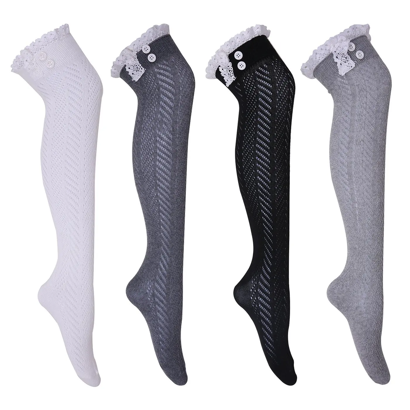 HDE Womens Knee High Boot Socks Lace Trim Boot Cuff with Button Stockings 4 pack