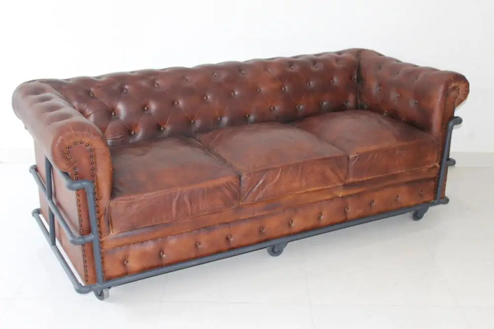 Vintage 3 Sitter Chesterfield Leather Sofa Industrial Genuine Leather