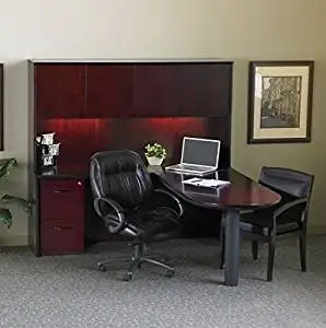 Mayline L-Shaped Peninsula Desk W/Hutch Overall Dimensions: 72"W X 80"D X 68"H Credenza: 72"W X 20"D X 29.5"H Peninsula Return: 60"W X 30"D X 29.5"H Hutch: 71.75"W X 15"D X 38.5"H - Mahogany