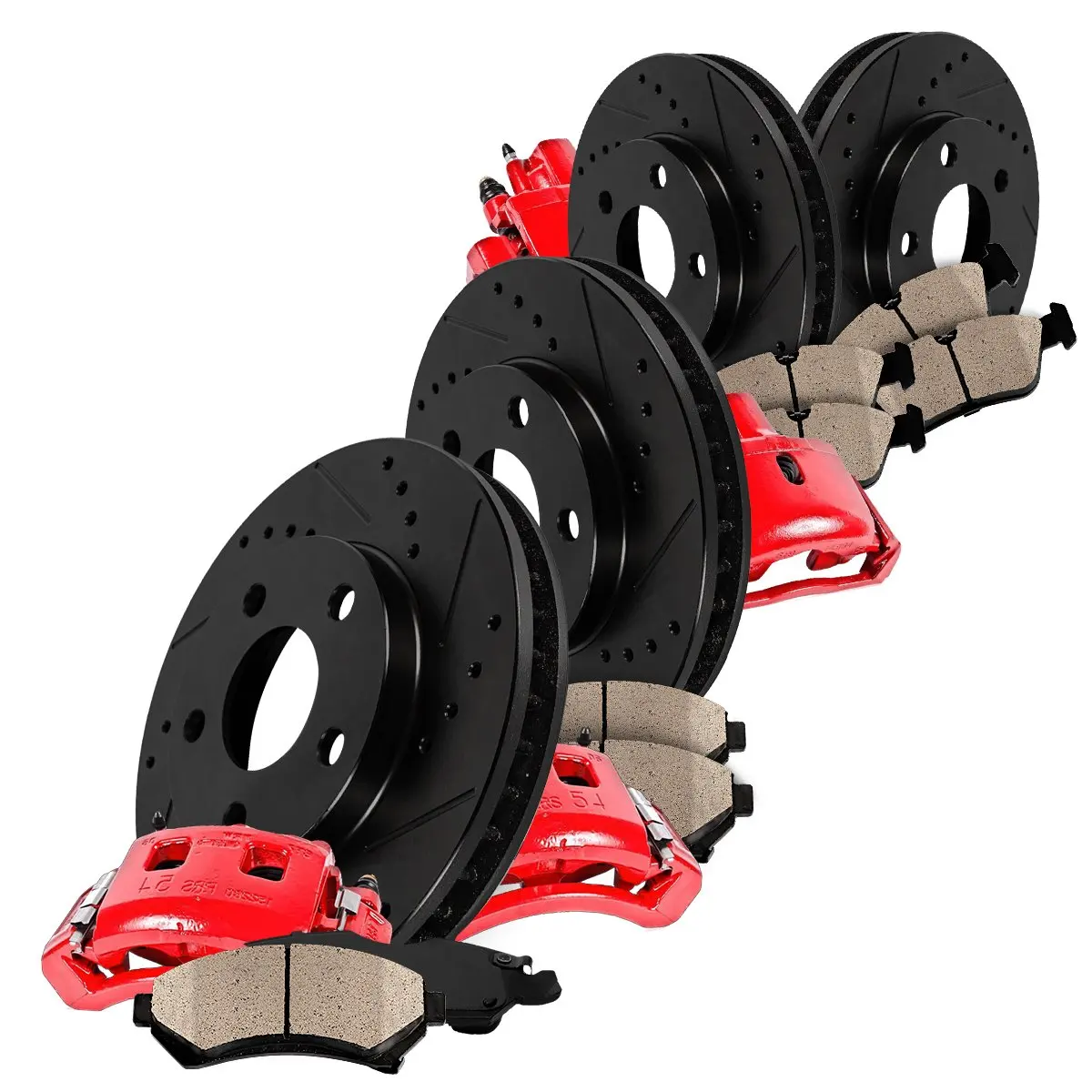 FRONT Quiet Low Dust Rotors Ceramic Pads Performance Kit 4 REAR Powder Coated Red 8 Calipers + 4