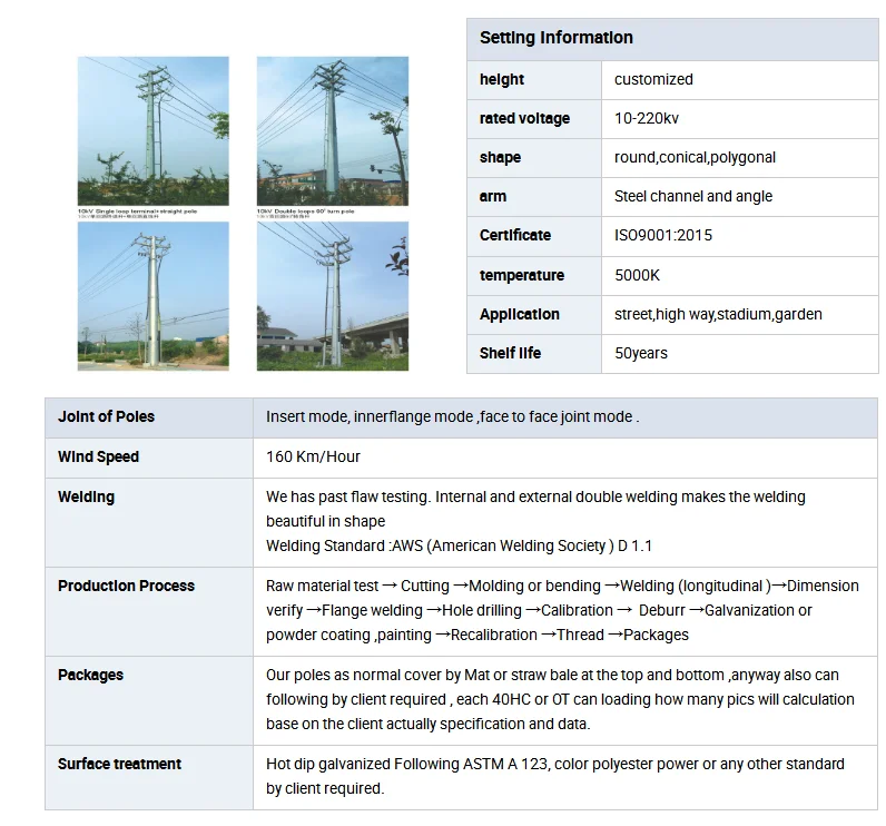 16m 800DaN 1000DaN Galvanized Electric Power Transmission Steel Pole for Direct Burial or Flange Type Installation 3