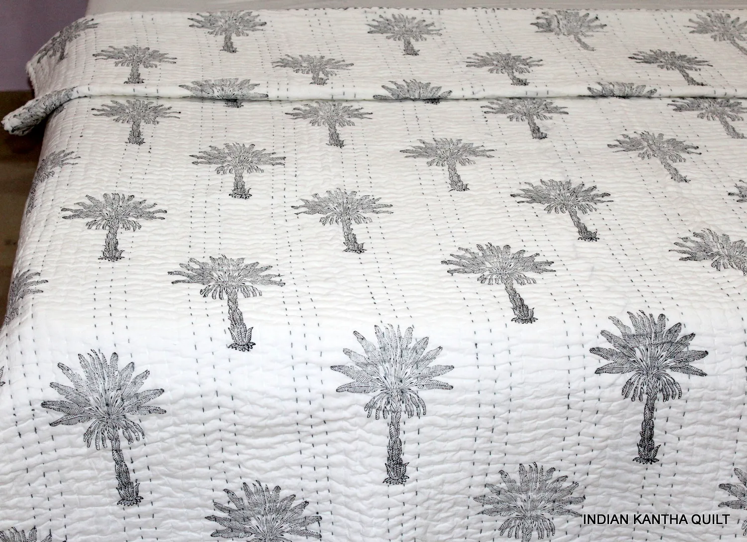 Details about   Indian Handmade Kantha Quilt Bedspread Bed Cover Vintage Palm Tree print Blanket 