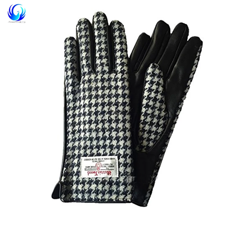 Ladies Black Dogtooth Genuine 100 Harris Tweed & Leather Gloves Buy
