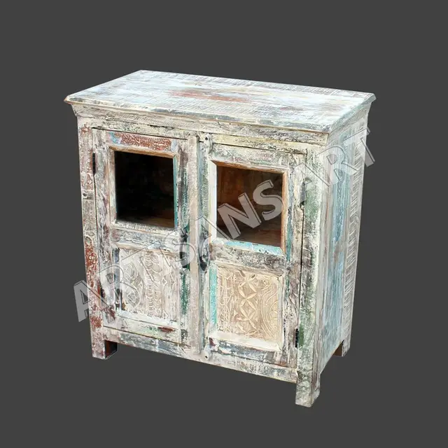 Whitewashed Reclaimed 2 Glass Door Cabinet Hand Finished Antique